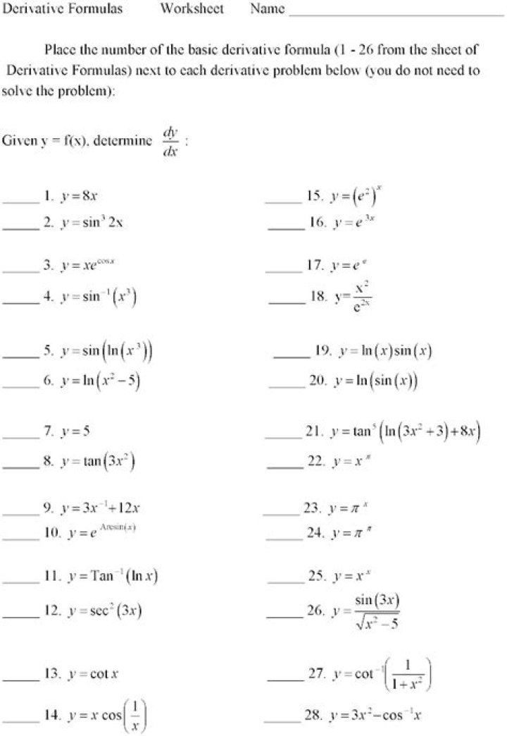 Basic Derivatives Practice Worksheet Answers PDF with Step-by-Step Solutions
