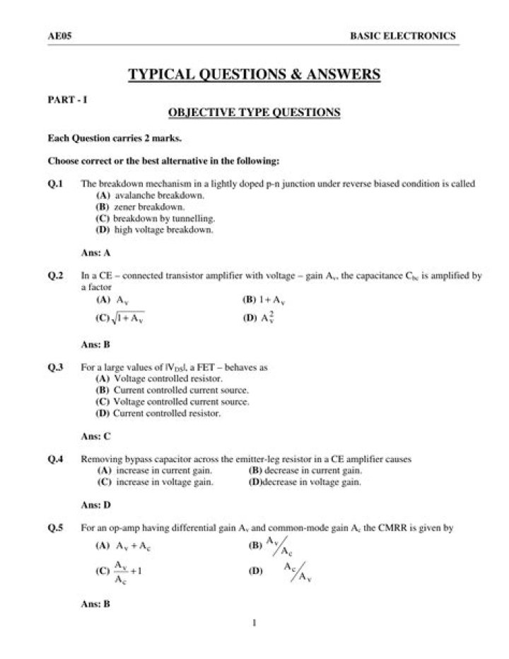 Basic Electronics Multiple Choice Questions with Answers PDF