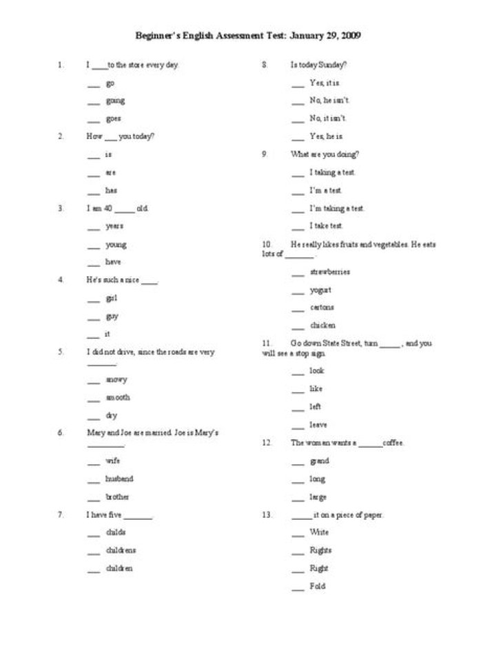 Basic English Assessment Test PDF – Instant Free Download