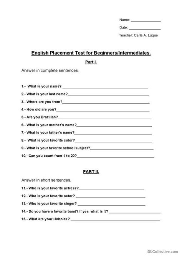 Basic English Test for Employment with Answers PDF