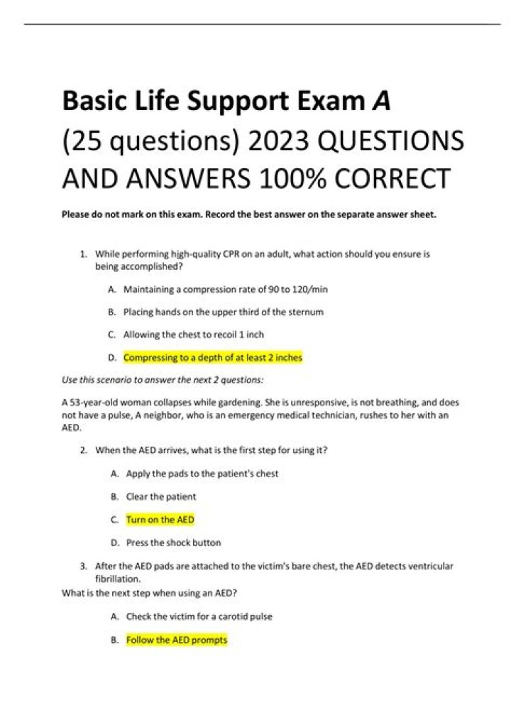 Basic Life Support Exam A Answers: 25 Questions PDF Download