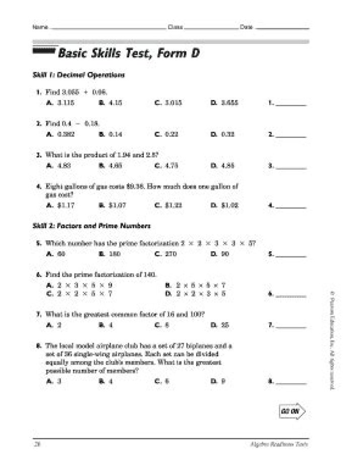 Basic Math Skills Test PDF – Practice & Improve Your Skills