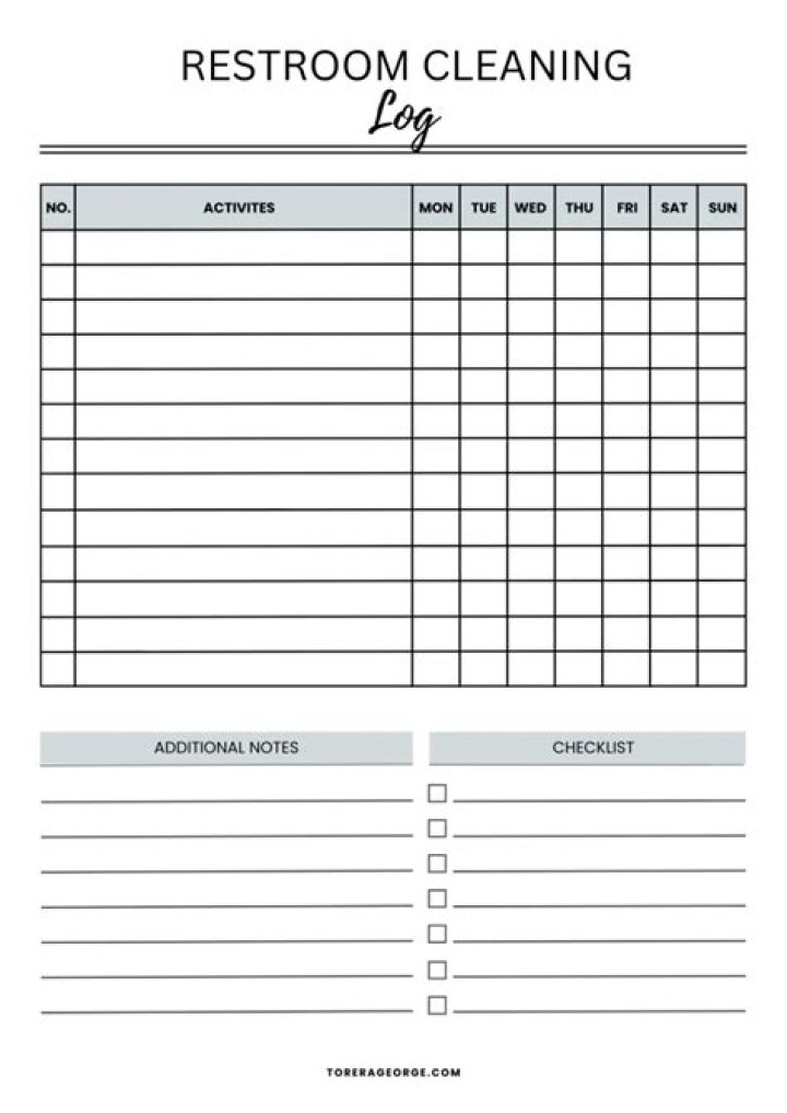 Bathroom Cleaning Log Sheet PDF for Organized Home Maintenance