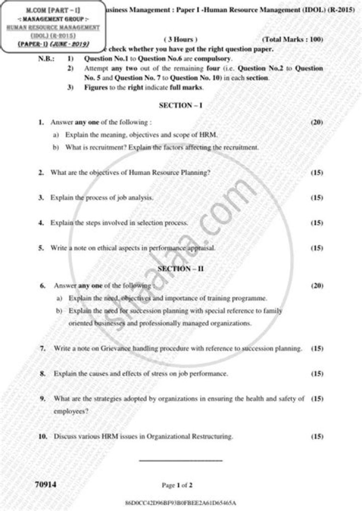 BBa Human Resource Management Question Paper PDF – Download Free Sample