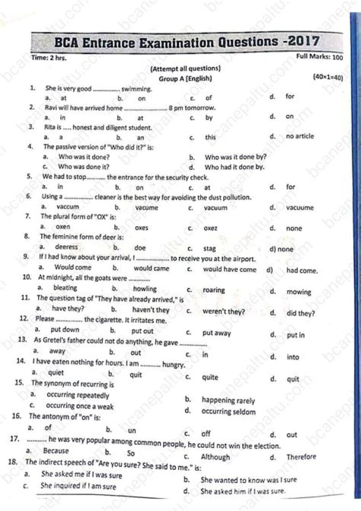 BCA Entrance Exam Question Paper with Answers PDF Download