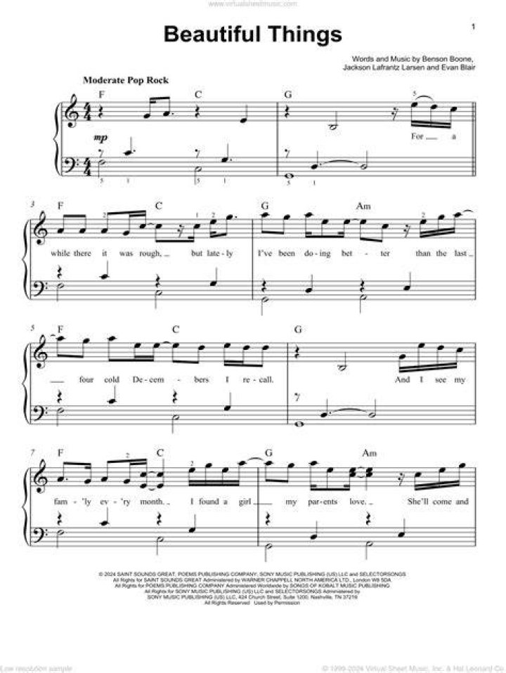 Beautiful Things Piano Sheet Music PDF Free Download