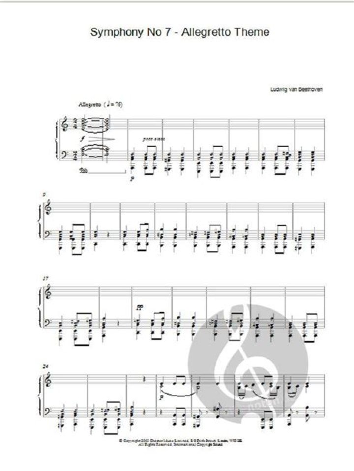Beethoven Symphony No. 7 Allegretto Piano Sheet Music PDF – Downloadable Score