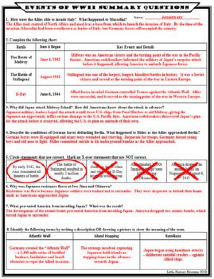 Beginning of WWII Summary Questions & Answer Key PDF – Study Guide