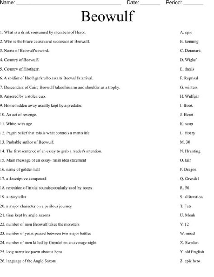 Beowulf Vocabulary Worksheet PDF – Perfect for School and Study