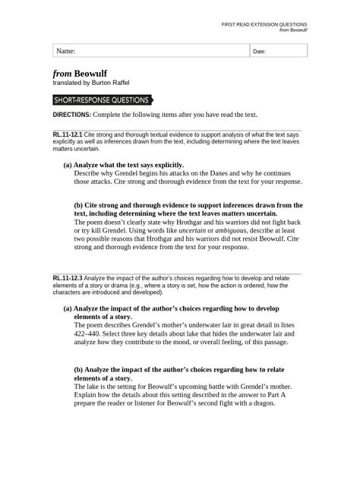 Beowulf Worksheets PDF: Free Printable Activity Sheets for Students