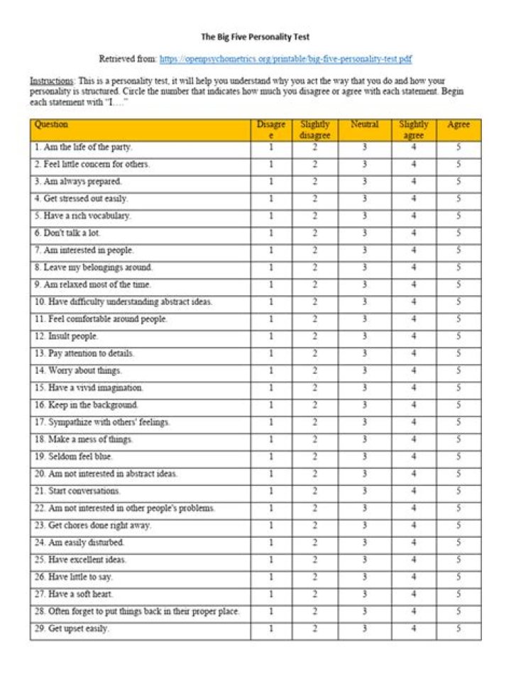 Big Five Personality Test Questionnaire PDF – Download Now