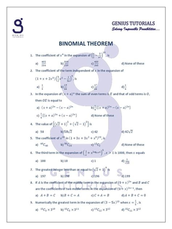 Binomial Theorem Questions & Answers PDF for Class 11 – Perfect Study Guide