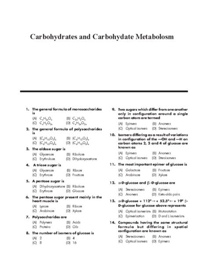 Biochemistry Questions & Answers on Carbohydrates: PDF Study Guide