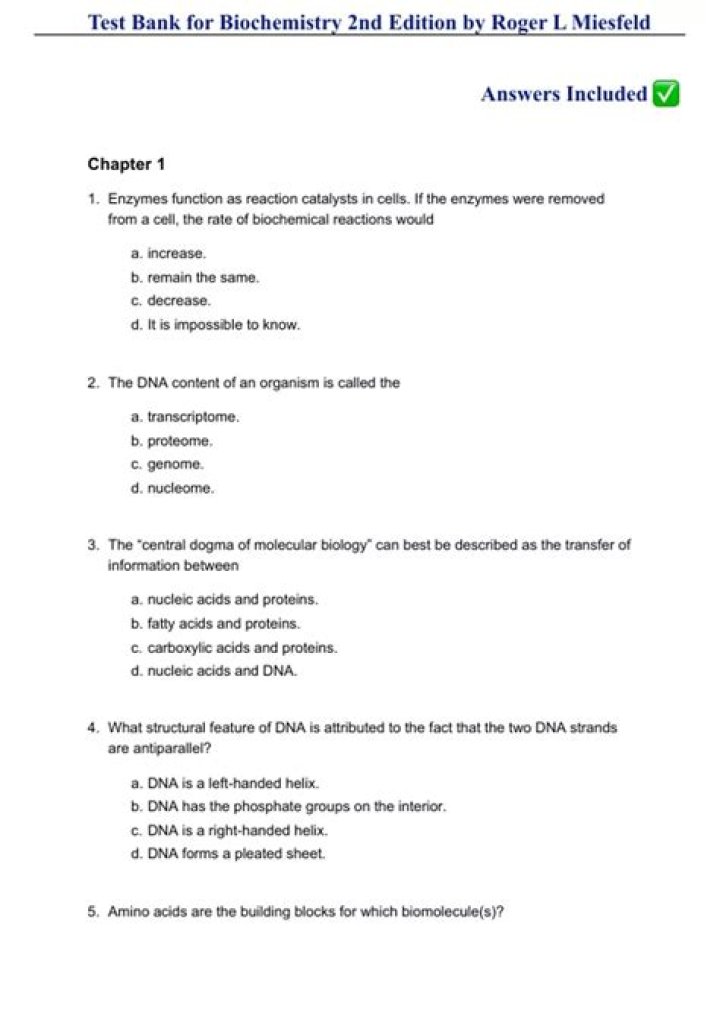 Biochemistry Test Bank PDF – Complete Practice Questions & Solutions