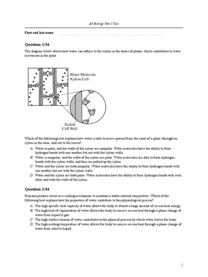 Biology Unit 1 Test PDF – Practice Exam & Answers