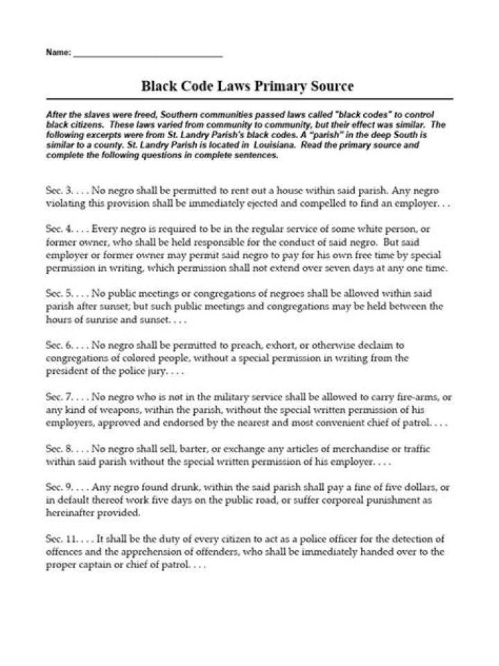 Free Black Codes Worksheet PDF for Legal Study