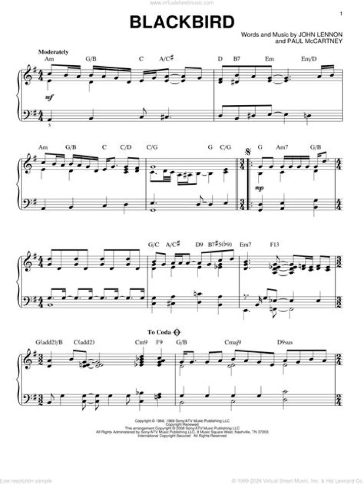 Download Blackbird Piano Sheet Music PDF for Instant Play