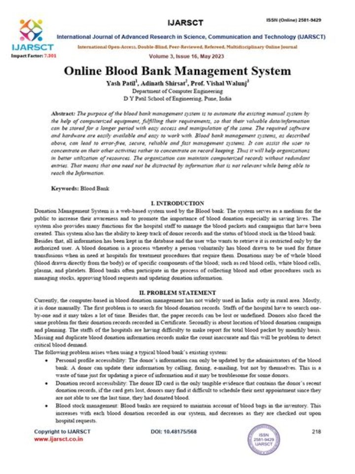 Blood Bank Management System Research Paper PDF: Advancing Healthcare Efficiency