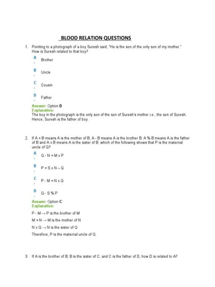 Blood Relation Questions PDF: Answers to Family Tree & Kinship Queries