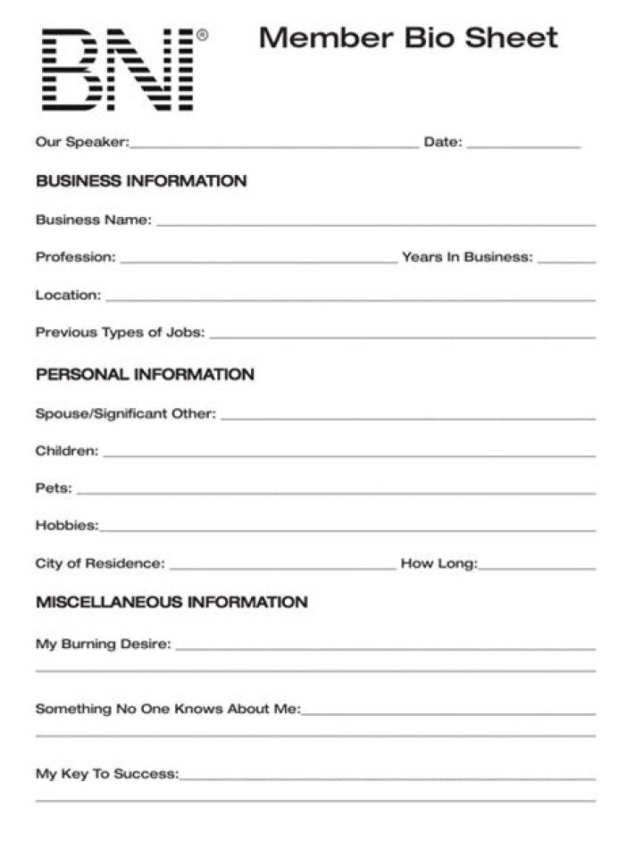 BNI Member Bio Sheet PDF: Download Complete Member Profile Template