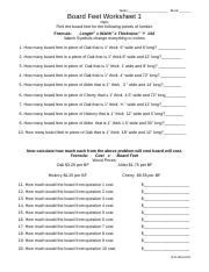Board Feet Worksheet 1 Answer Key PDF – Instant Download