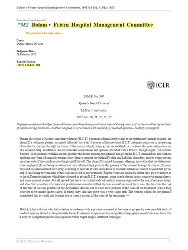 Bolam v Friern Hospital Management Committee: Key Legal Guidance PDF