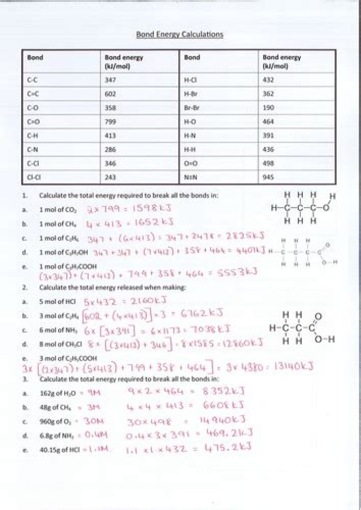 Bond Energy Calculations Worksheet with Answers PDF – Practice Problems & Solutions