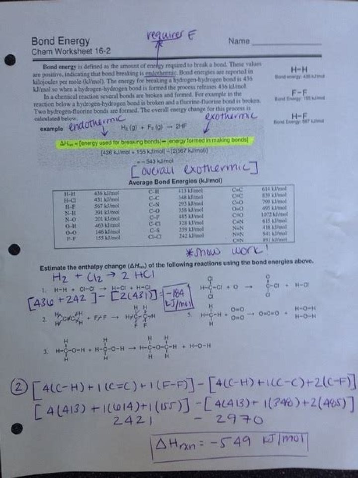 Bond Energy Chemistry Worksheet 16.2 Answers PDF – Complete Problem Set & Solutions