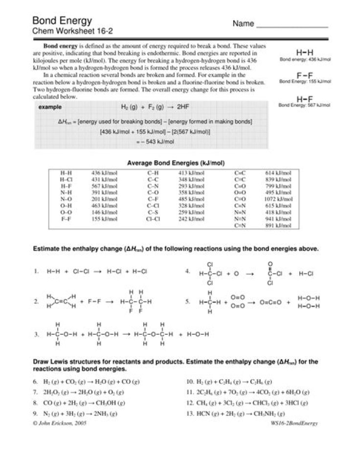 Free Bond Energy Worksheet PDF – Practice Calculating Bond Energies