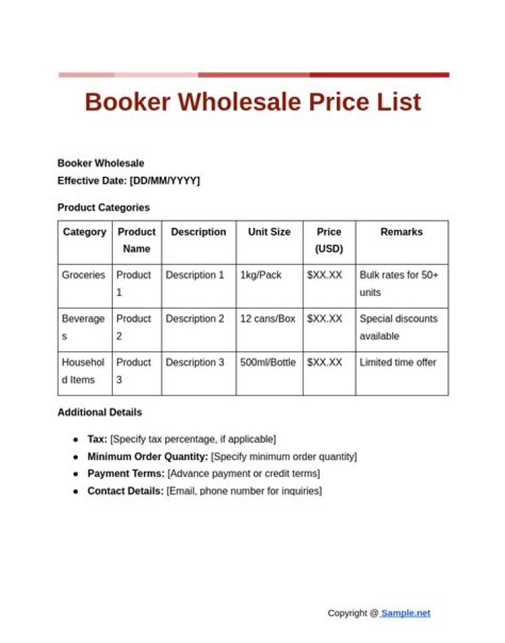 Booker Wholesale Price List PDF – Download Full Pricing Catalog