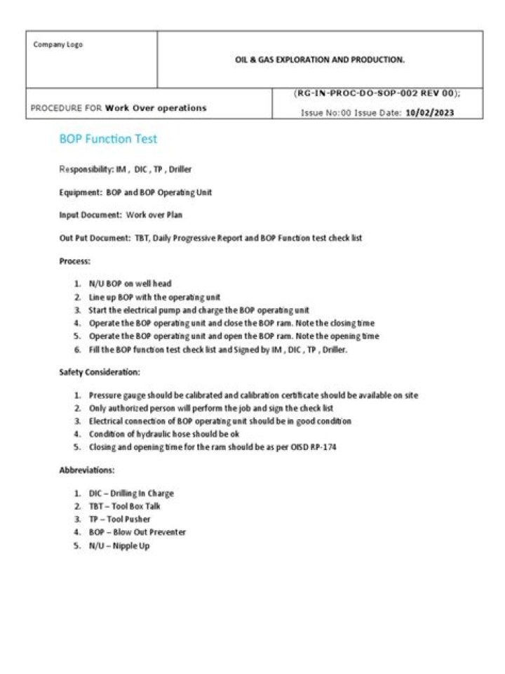 BOP Test Procedure PDF – Step-by-Step Testing Guide