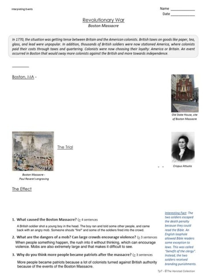 Boston Massacre Worksheet PDF – Analyze Key Events in U.S. History