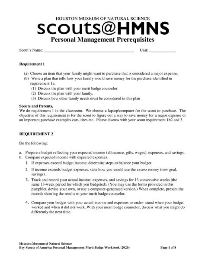 Boy Scouts Personal Management Sample Budget Plan PDF Template