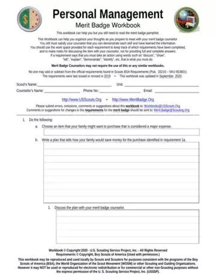 Boy Scouts Personal Management Worksheet PDF for Leaders & Members