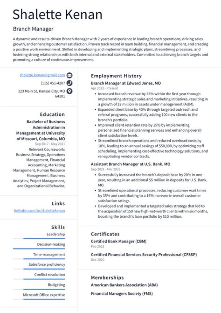 Branch Manager CV PDF: Professional Resume Template for Leadership Roles