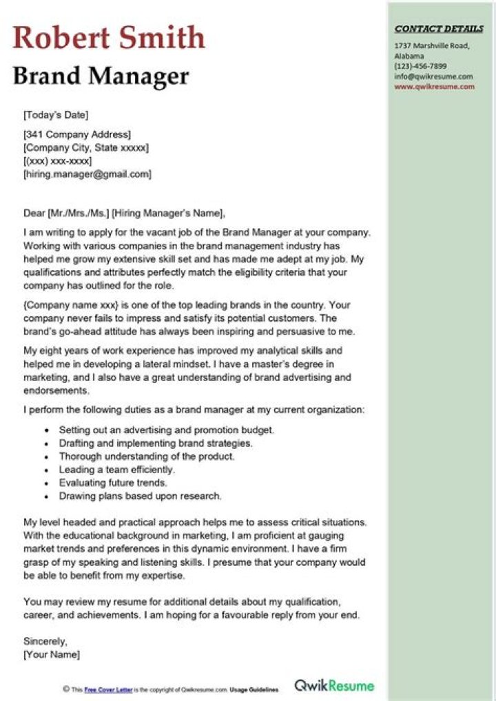 Professional Brand Manager Cover Letter PDF Template