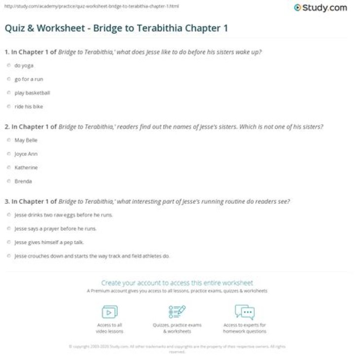 Bridge to Terabithia Chapter 1 Quiz: Questions and Answers PDF