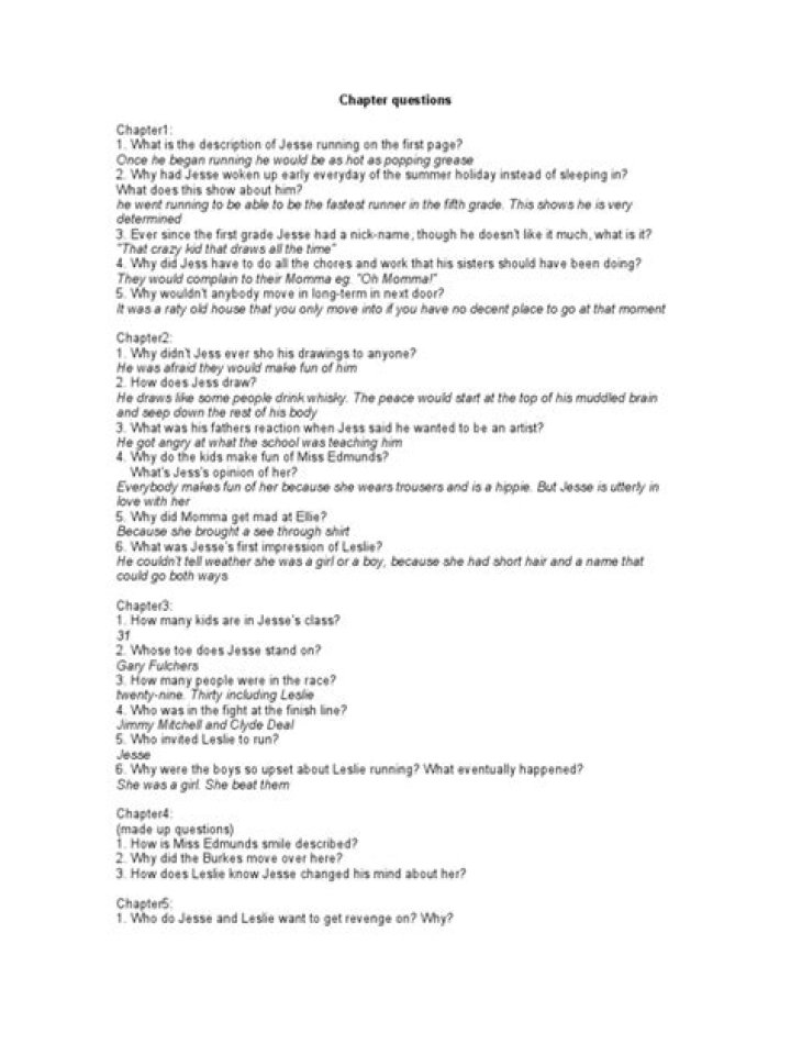 Bridge to Terabithia Chapter Study Guide PDF Questions & Answers