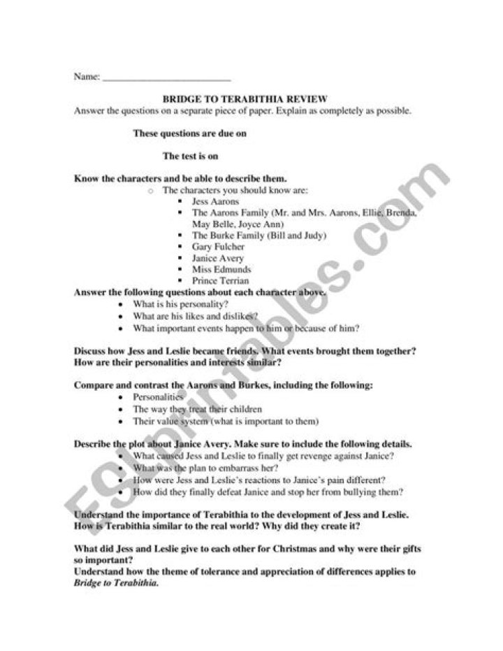 Bridge to Terabithia Test PDF: Free Download & Practice Questions