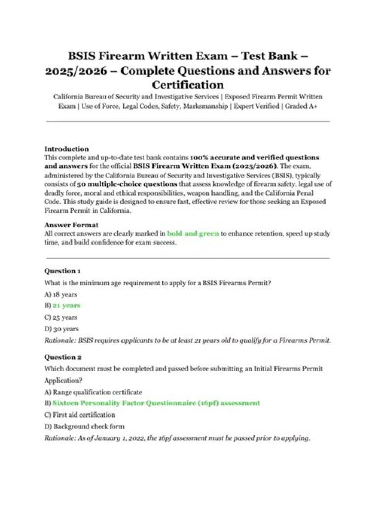 BSIS Firearms Assessment Test Questions and Answers PDF – Complete Study Guide