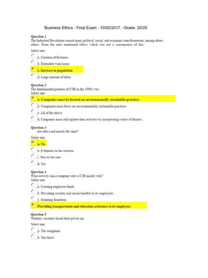 Business Ethics Exam Questions & Answers PDF: Study Guide with Answers