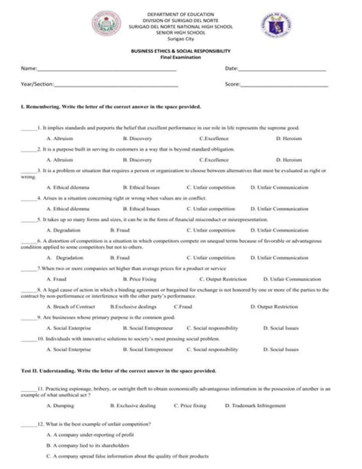 Business Ethics Final Exam Questions & Answers PDF Download
