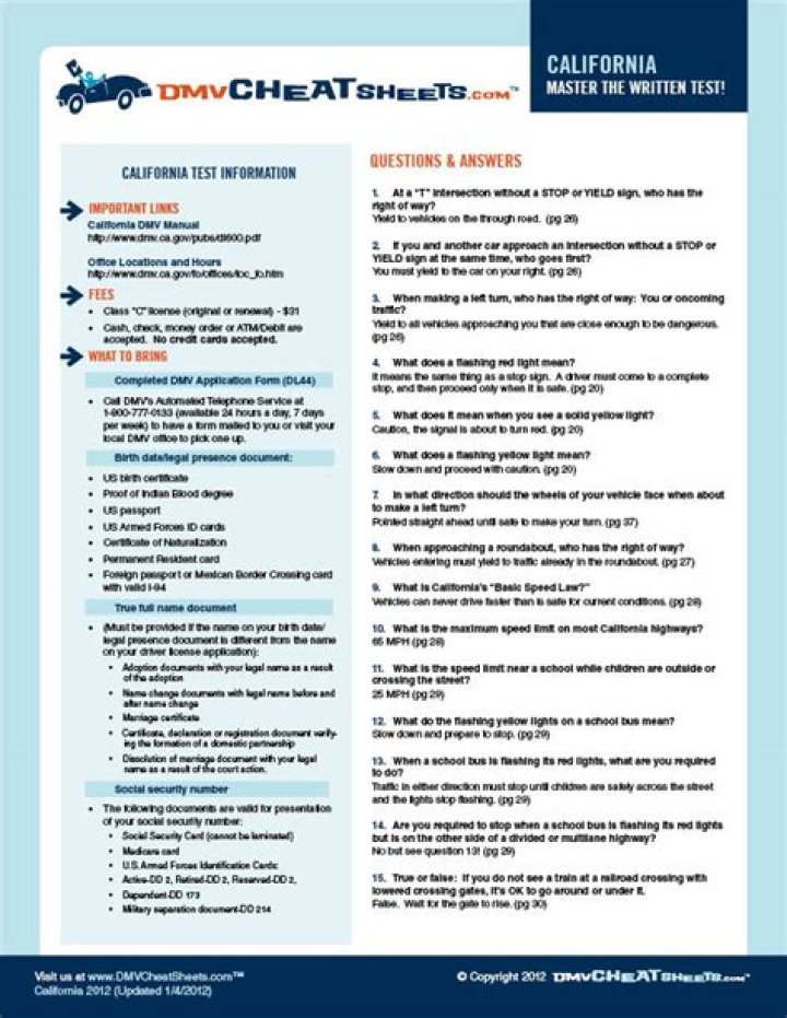 CA DMV Written Test Cheat Sheet PDF – Save Time & Pass Faster