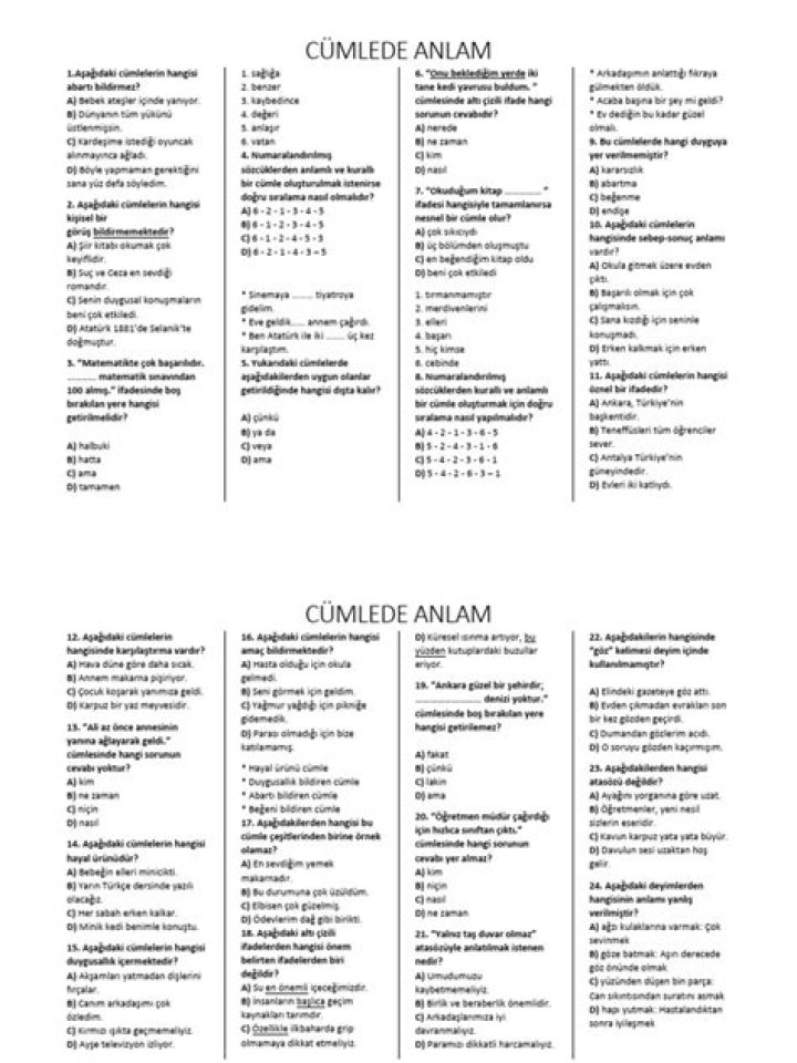 Cümlede Anlam Test PDF – Eğitim Materyalı ve Öğrenme Analizi