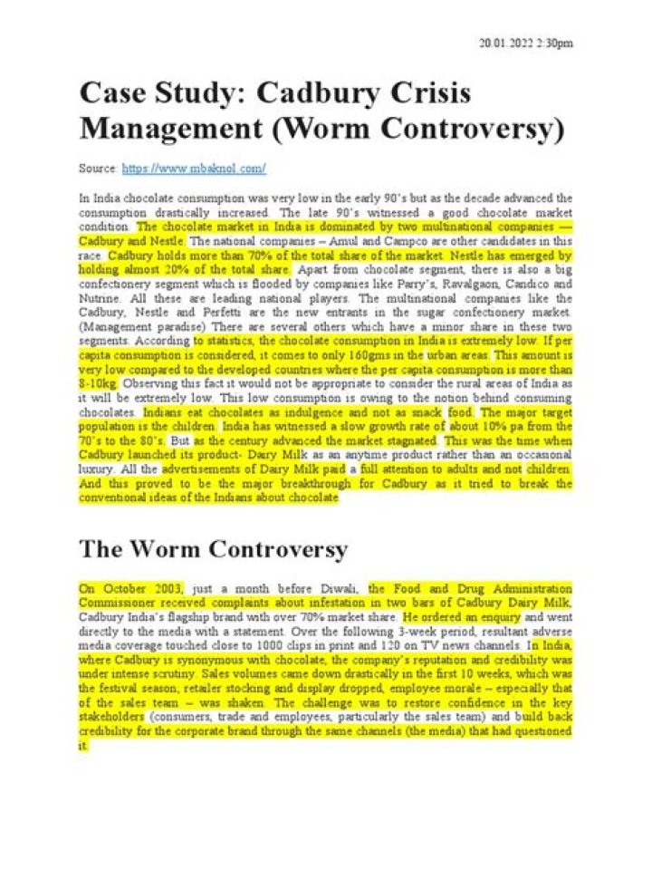Cadbury Crisis Management: A Case Study PDF Analysis