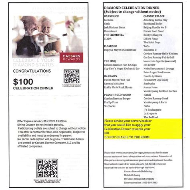 Caesars Rewards Diamond Celebration Dinner 2023 List PDF