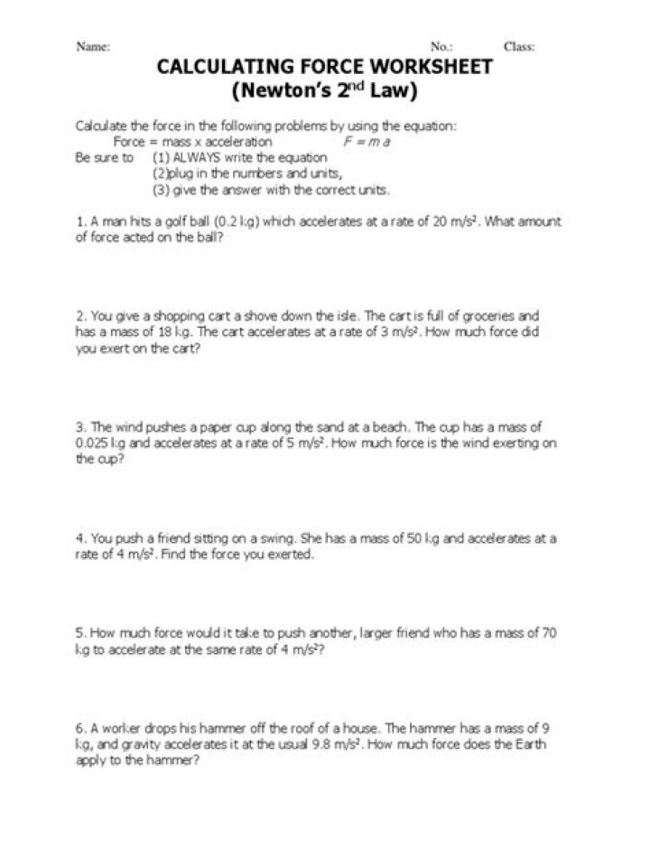 Free Calculating Force Worksheet PDF for Physics Students