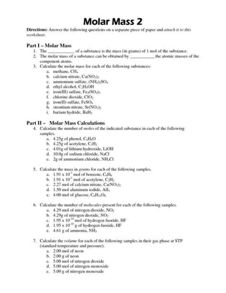 Free Calculating Molar Mass Worksheet PDF for Chemistry Students