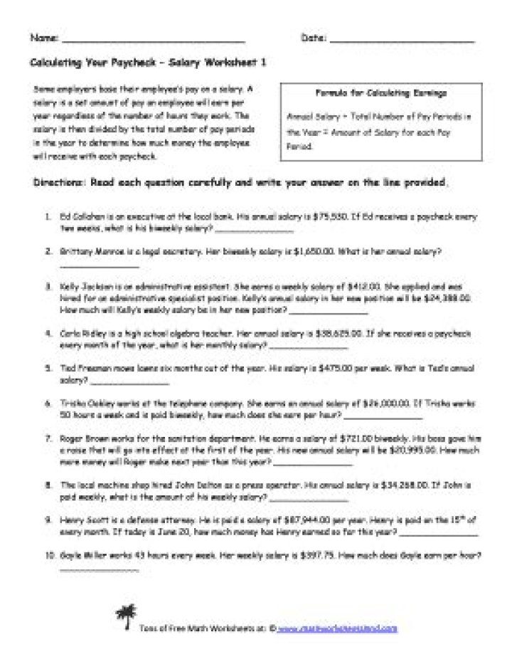 Paycheck Salary Worksheet 1 Answer Key PDF with Calculations