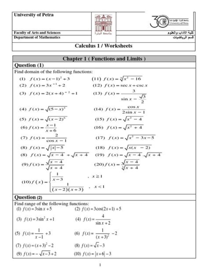Free Calculus 1 Worksheet PDF for Instant Practice